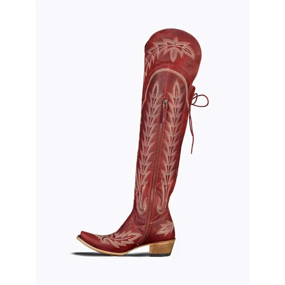 Women Red Polyurethane Over the Knee Cowboy Adjustable Thigh High Cowgirl Boots